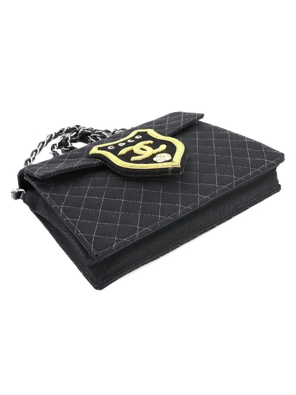 Chanel Quilted Emblem Chain Shoulder Bag Canvas Leather Black Silver